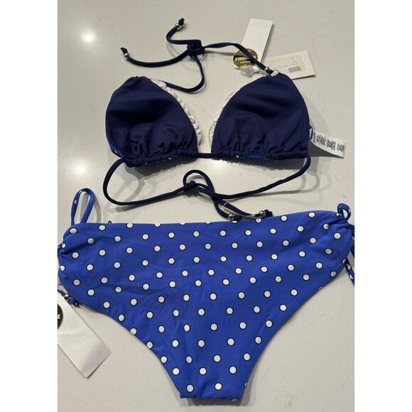 Vitamin A Rio Reversible Bikini Top Bottom Blue Polka Dot 2 Piece Set Retro NEW - Picture 5 of 10
